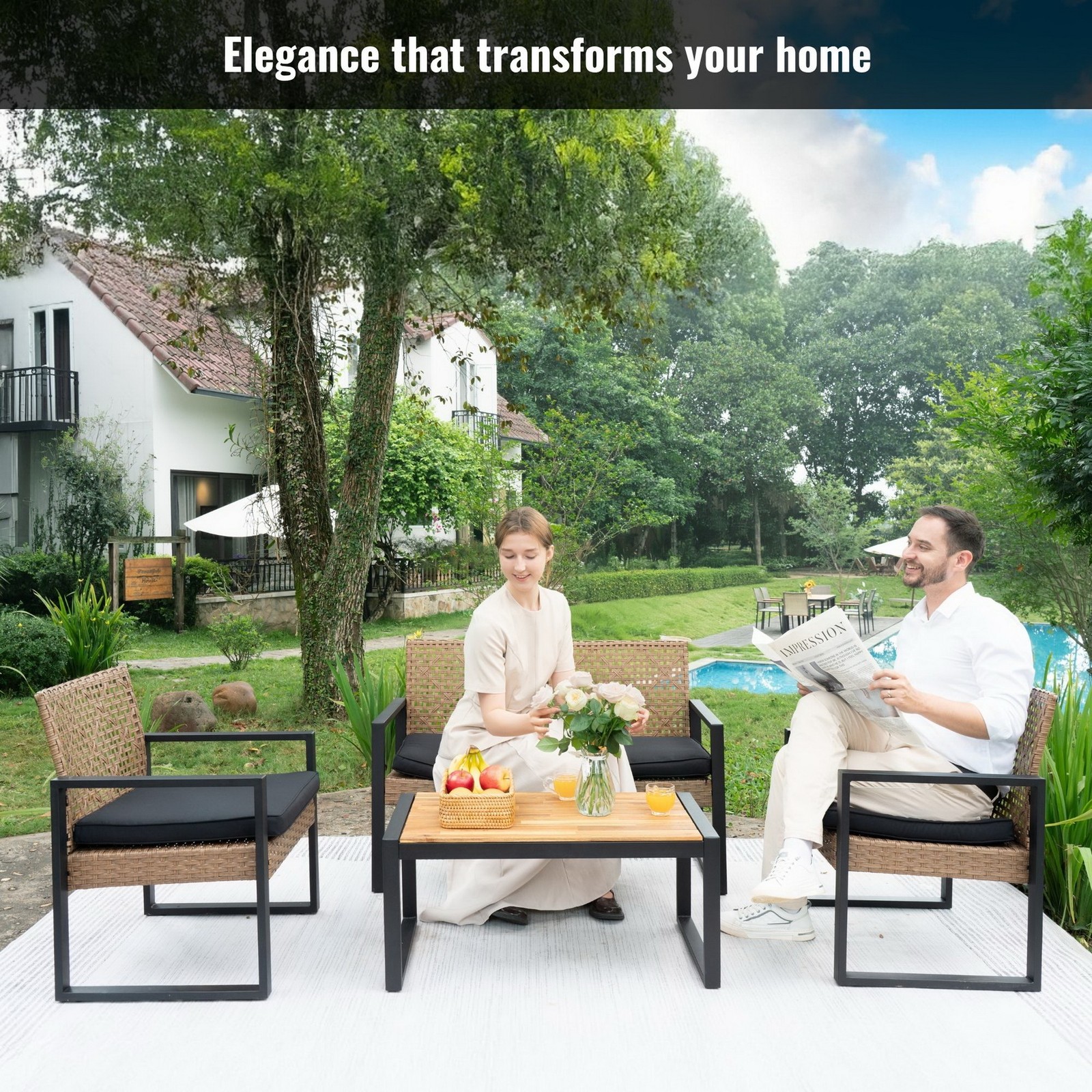 Rattan Loveseat & Chairs & Coffee Dining Table Patio Wicker Furniture Set for 4
