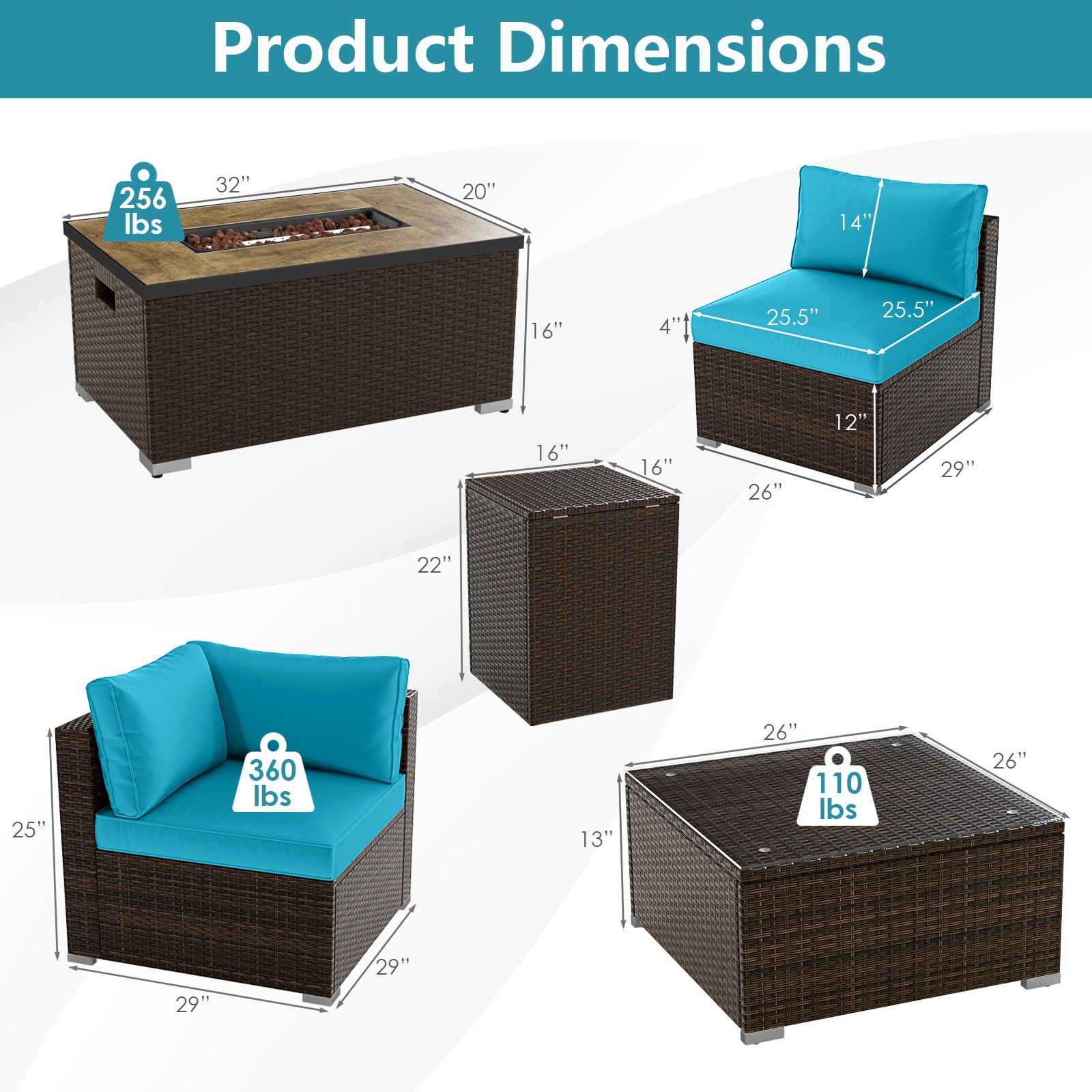 7 Pieces Outdoor Furniture Set with 32″ Fire Pit Table and Propane Tank Cover