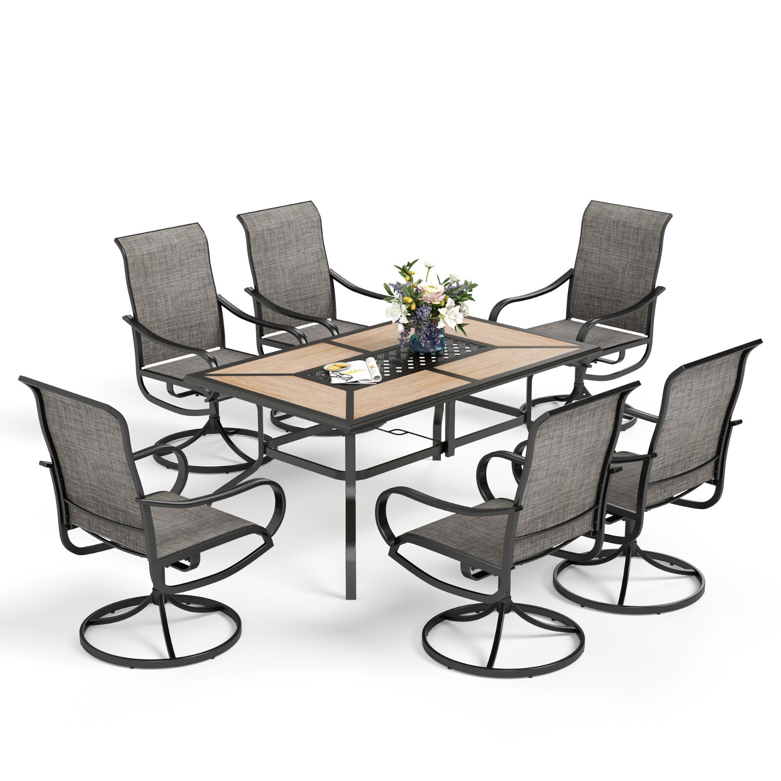 7pcs Patio Dining Set Metal Rectangle Table&Swivel Chairs Outdoor Furniture Set