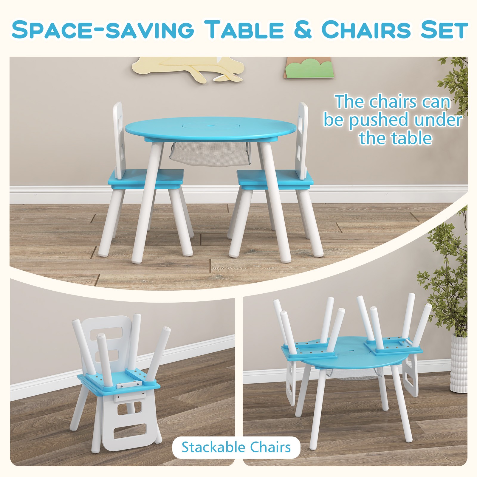 Kids Wooden Round Table & 2 Chair Set w/ Center Mesh Storage Blue