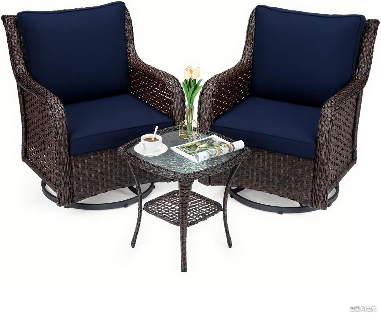 Outdoor Swivel Wicker Glider Patio Chairs with Table, 3Pcs Outdoor Bistro Set