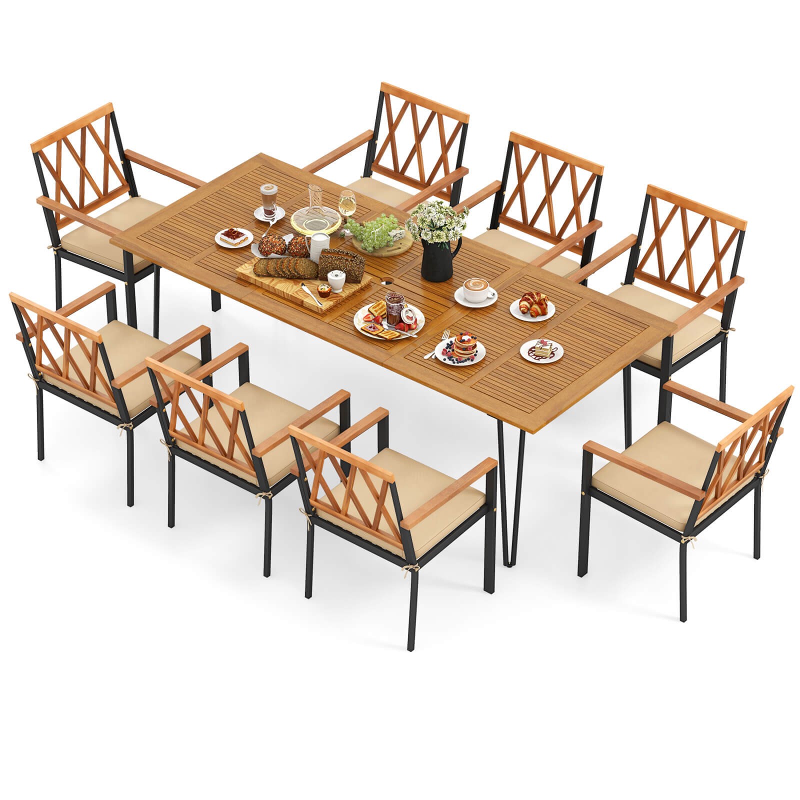 9 PCS Patio Dining Set w/ 8 Chairs Acacia Wood Table Top Umbrella Hole for Yard