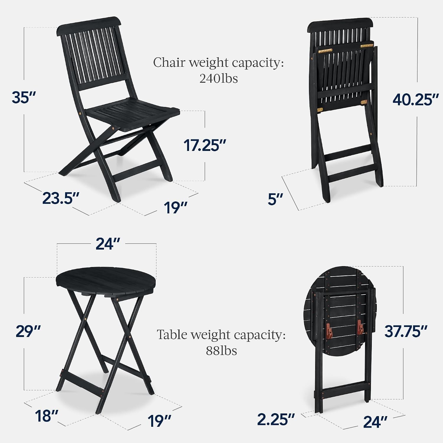 Elegant 3-Piece Folding Acacia Wood Bistro Set for Charcoal Patios & Balconies