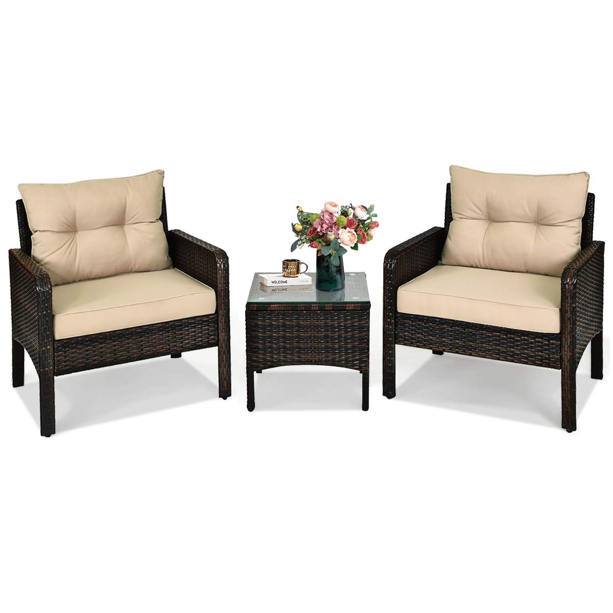 3 Pieces Patio Furniture Set Outdoor Rattan Wicker Coffee Table & Chairs Set …