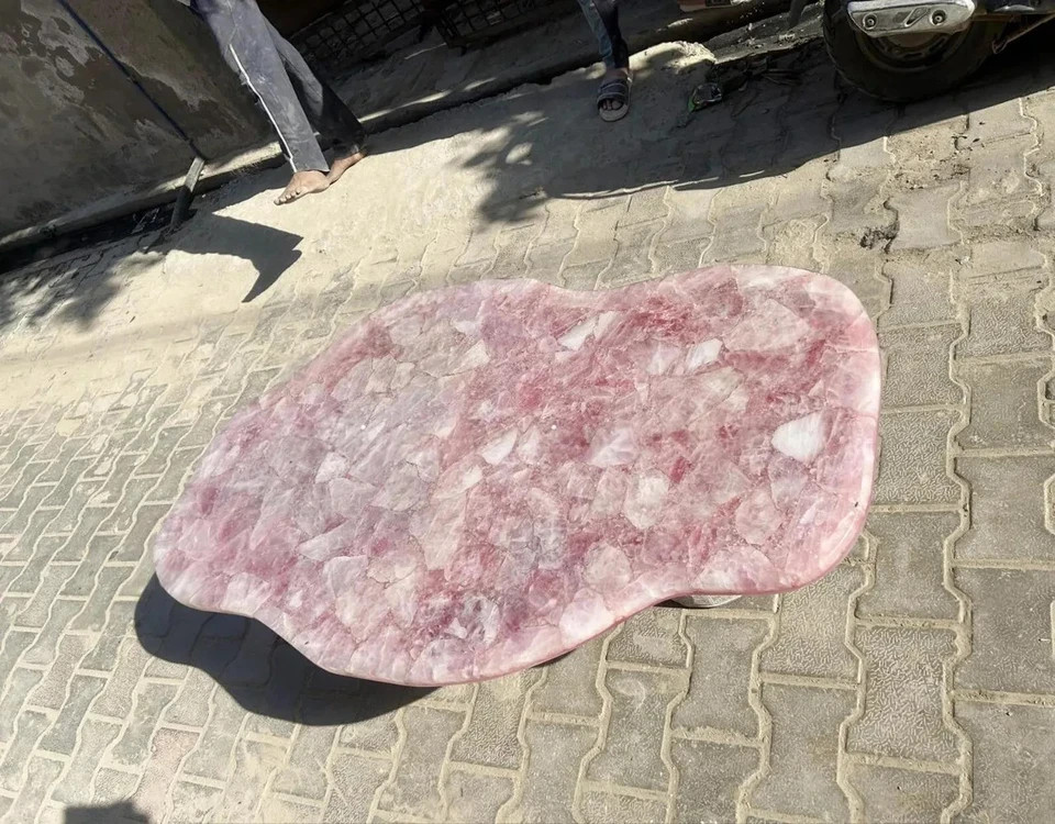 Handmade Rose Quartz Coffee Table | Live Edge Stone Slab | Luxury Decor