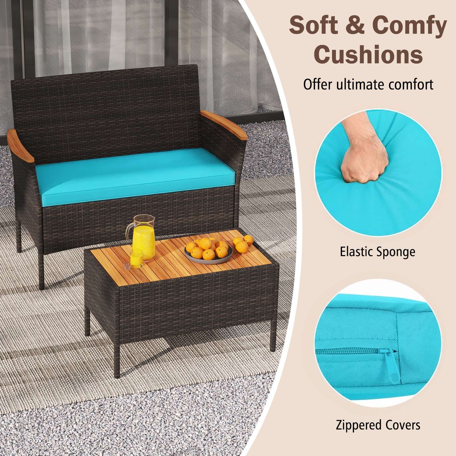 4 PCS Patio Wicker Sofa Set with Coffee Table Acacia Wood Armrests and Tabletop