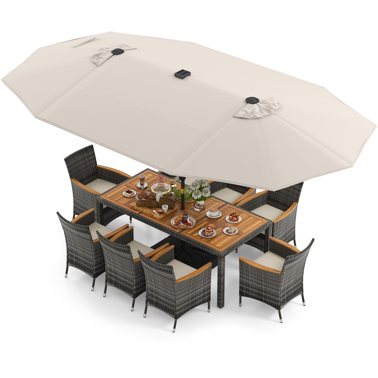 11 PCS Patio Dining Set with 15 ft Double-Sided Patio Umbrella 8 Armchairs