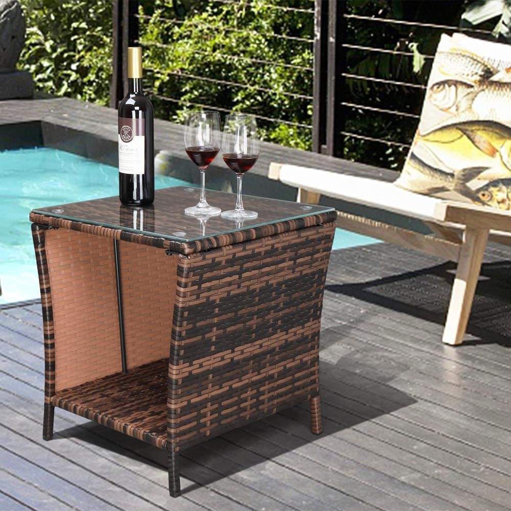 Wicker Rattan Side Tea Table with Glass Patio Furniture Outdoor Storage Tables