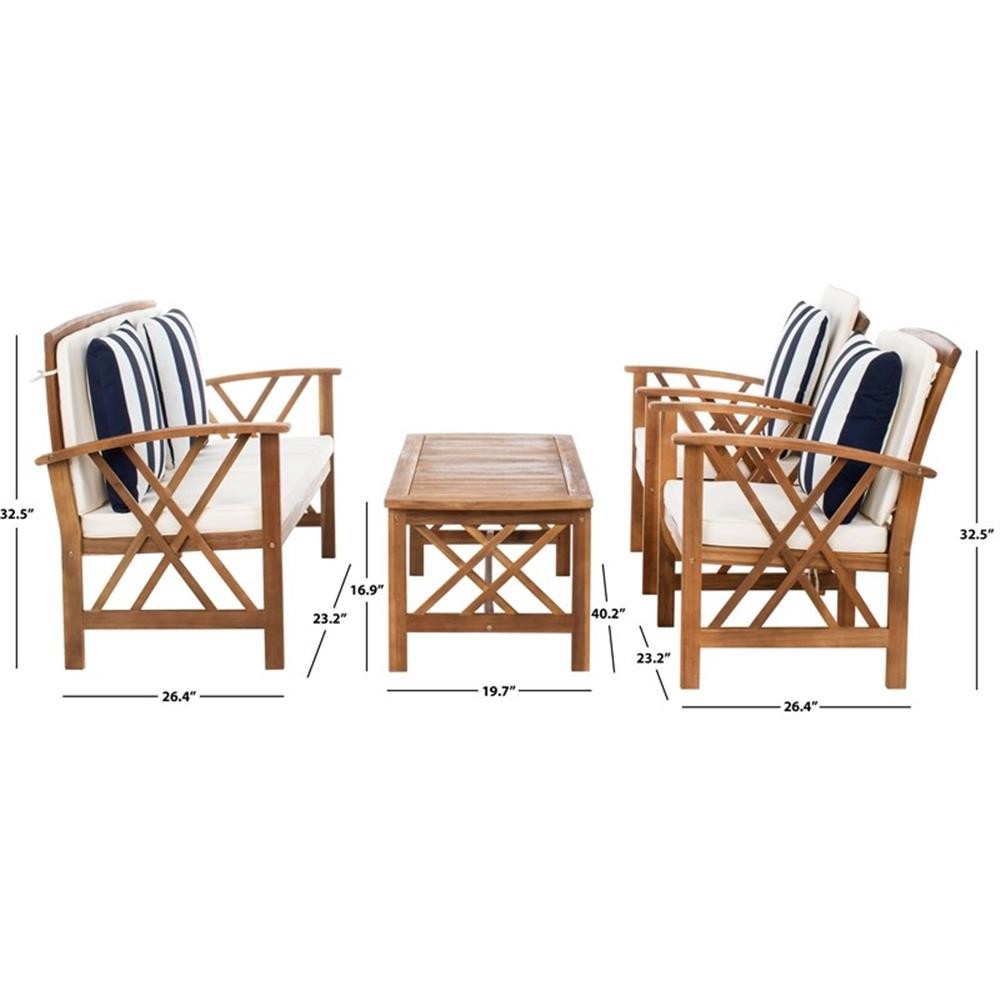 Pemberly Row Wood 4 Pc Outdoor Set in Natural / Beige / Navy / White
