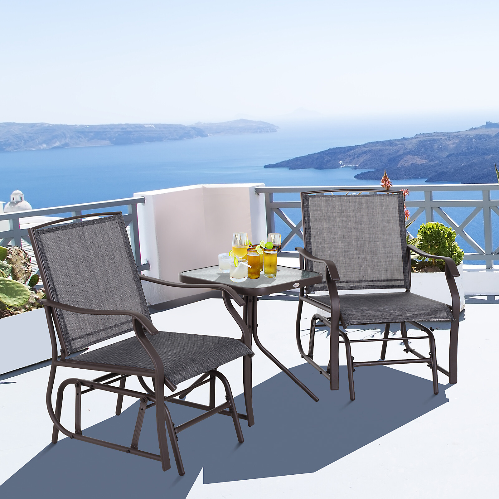 3 PIECE Outdoor Porch Mesh Fabric Rocking Glider Chair with Table Set