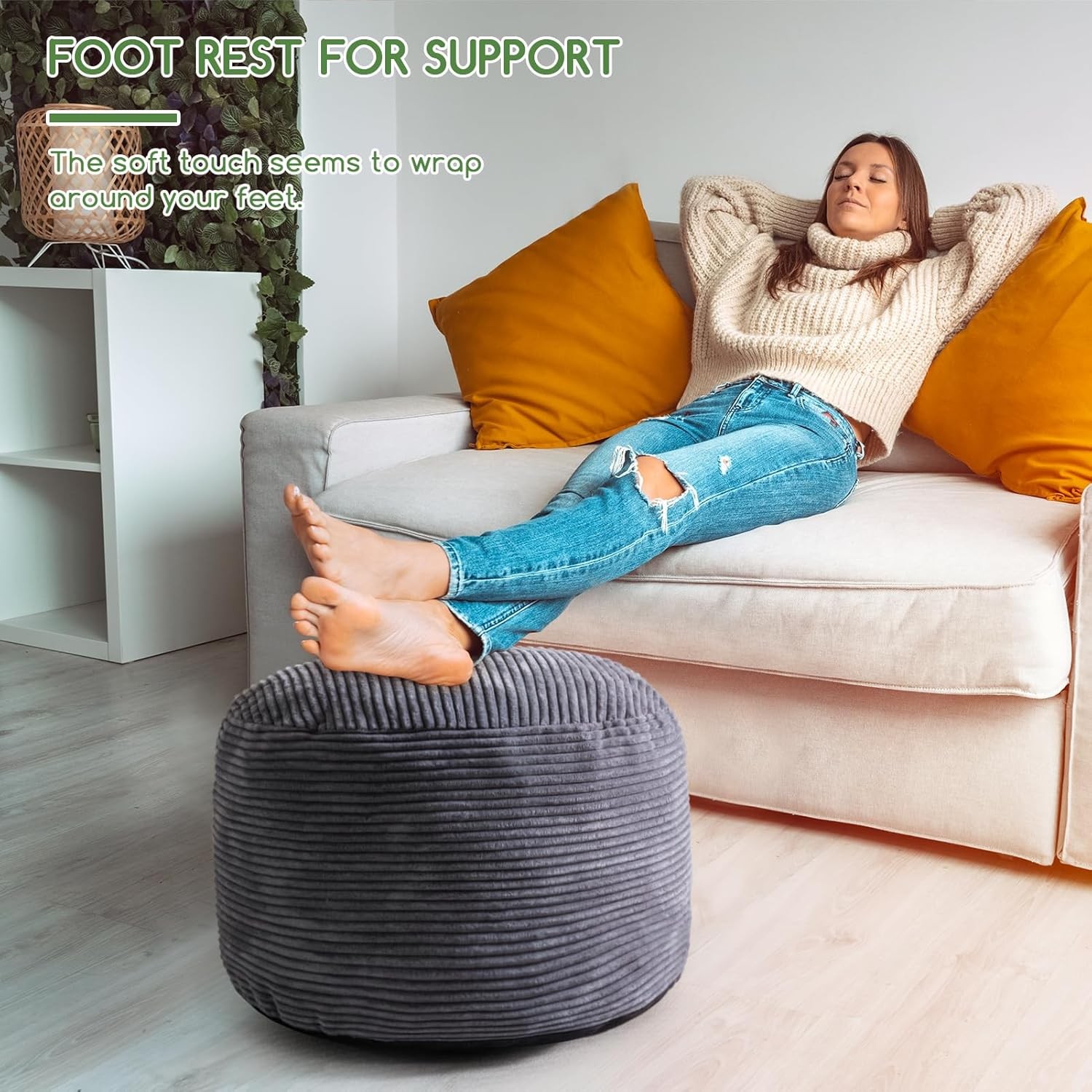 HIGOGOGO Round Stuffed Pouf Ottoman, Corduroy Poufs with 20 inch, Dark Grey