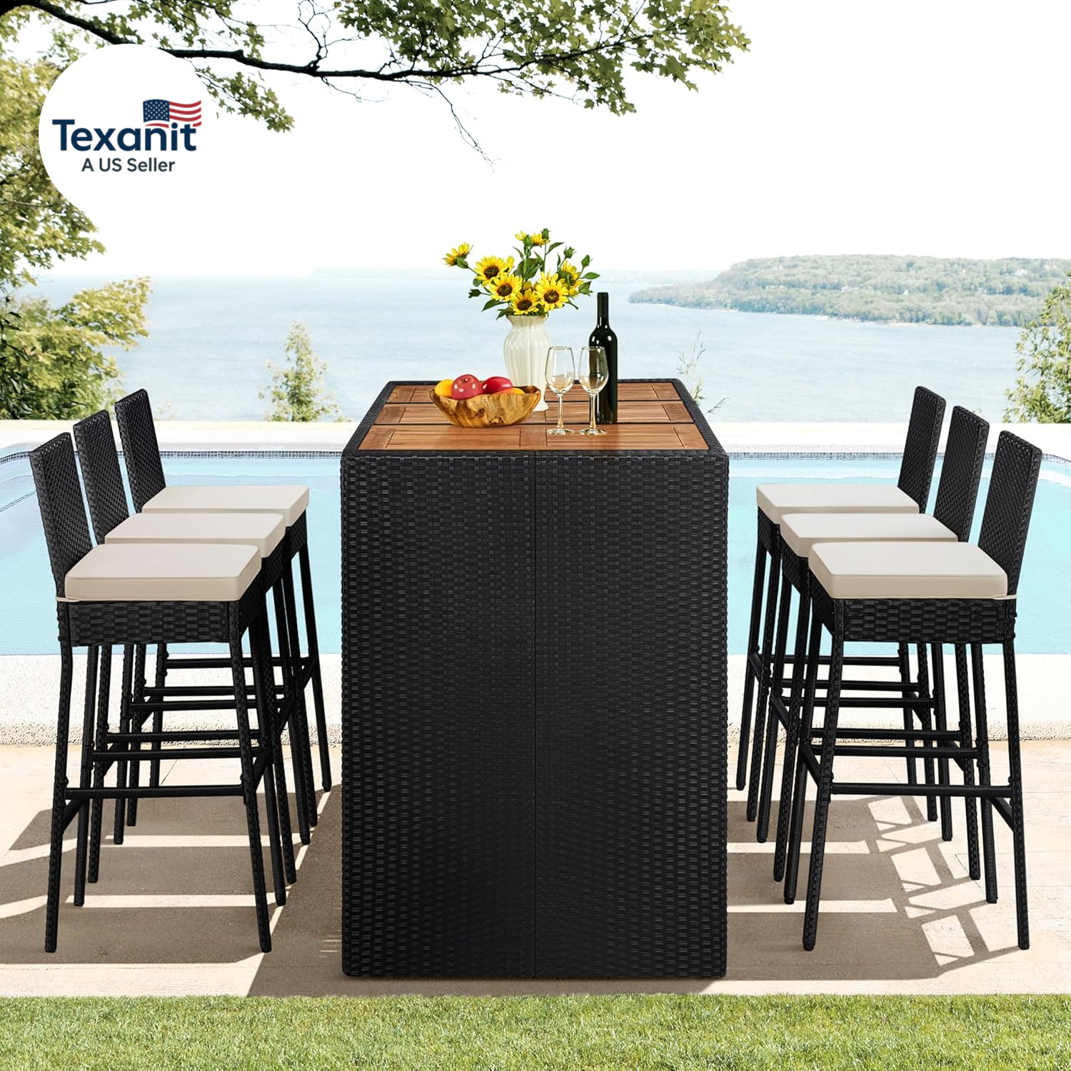 7 Piece Patio Dining Set Outdoor Acacia Wood Bar Table and Chairs with Removable
