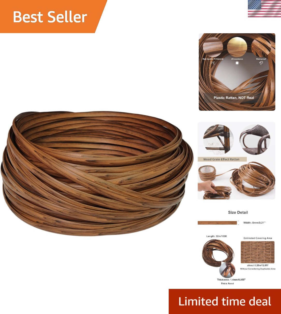 Eco-Friendly 32m Wicker Repair Kit – Dark Wood Grain Rattan for Furniture Fix