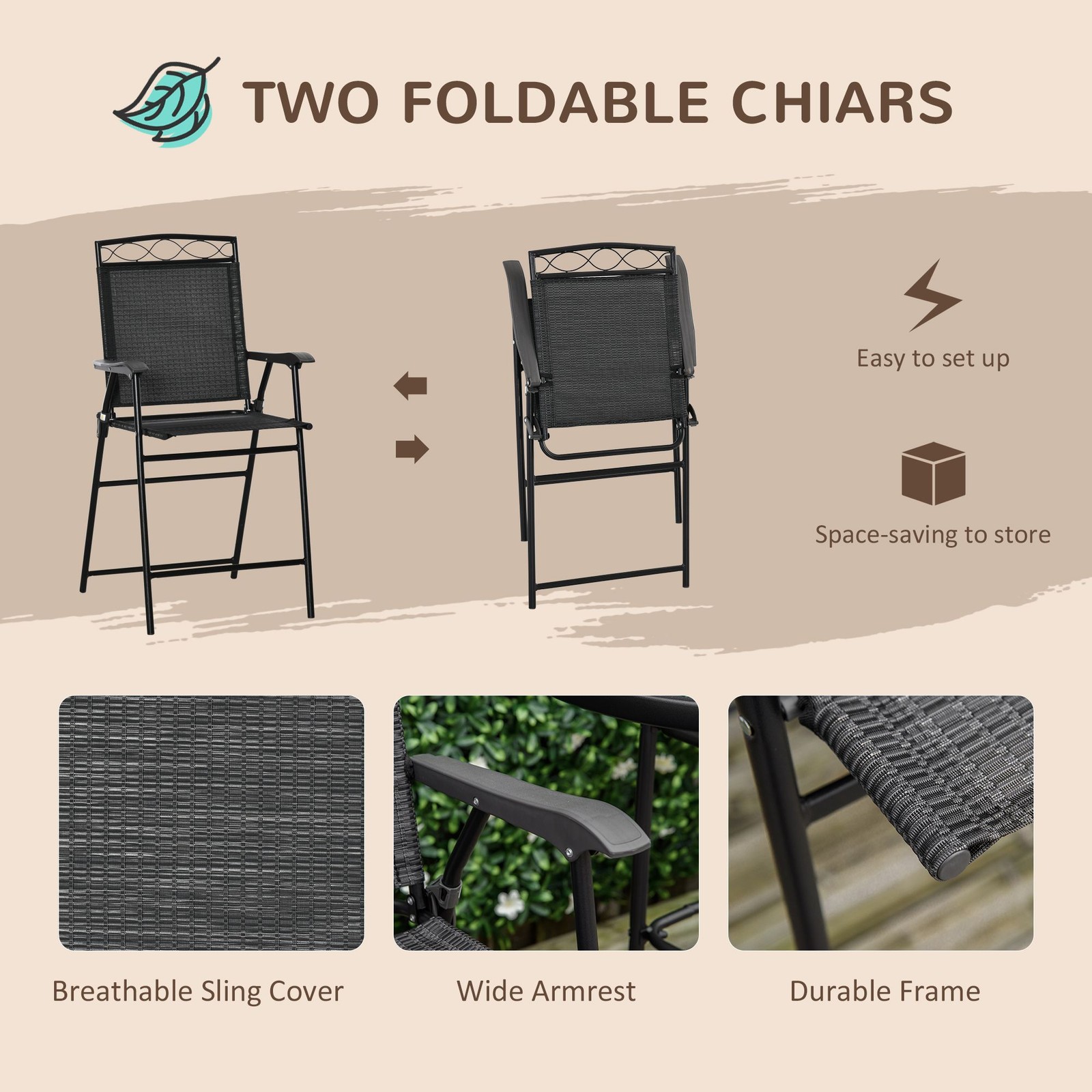 Steel Patio Bar Set: 2 Folding Chairs, 27.5″ Glass Table, Adjustable Umbrella