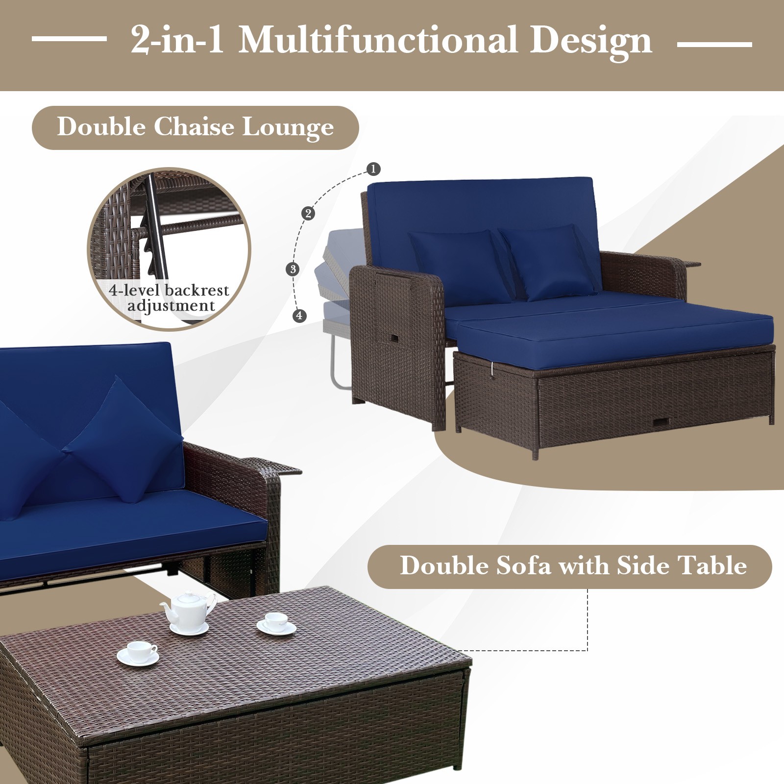 Outdoor Rattan Loveseat Set Daybed Lounge Storage Ottoman Side Tables Adjustable