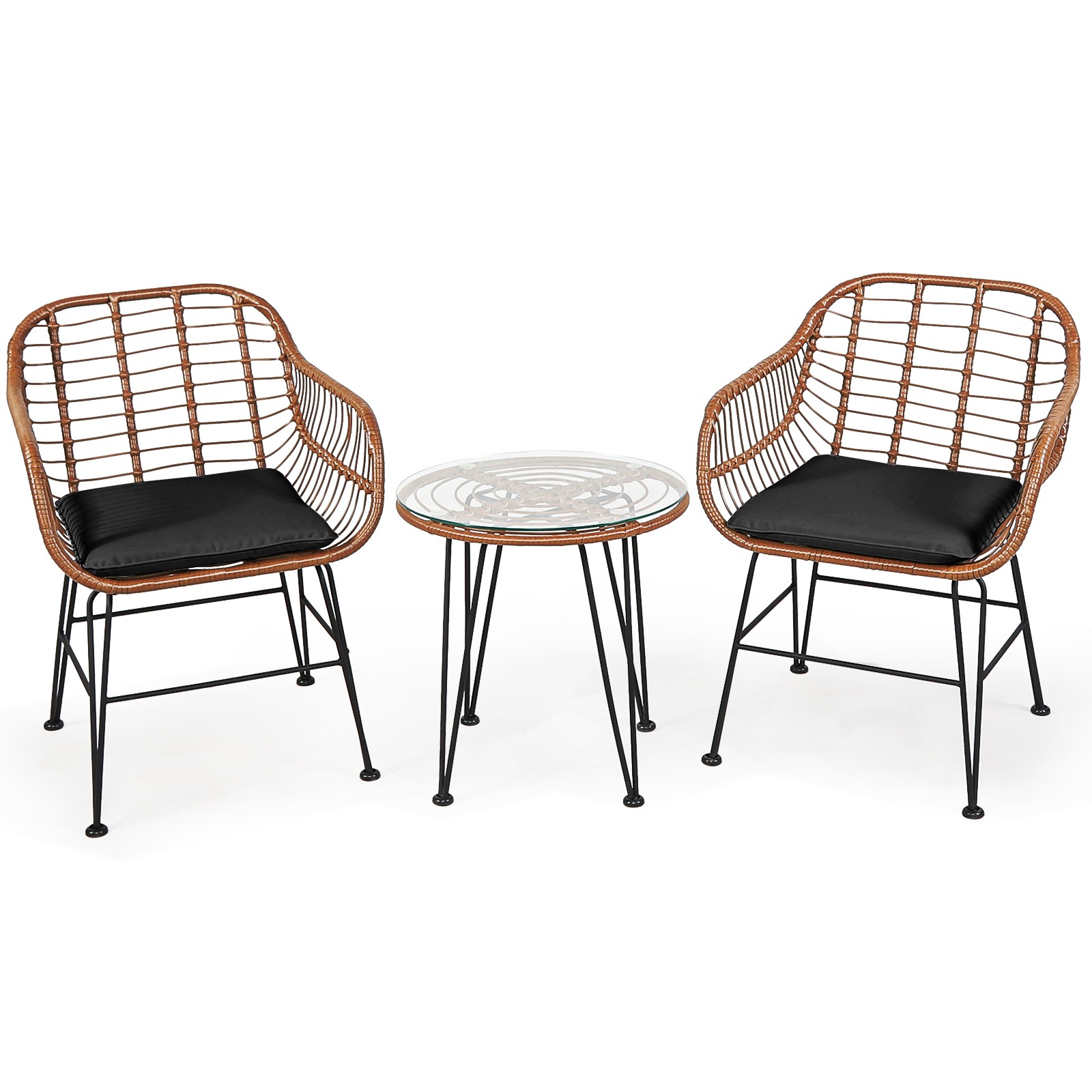 Patiojoy 3PCS Patio Rattan Bistro Set Coffee Table Armchair Garden Black Cushion