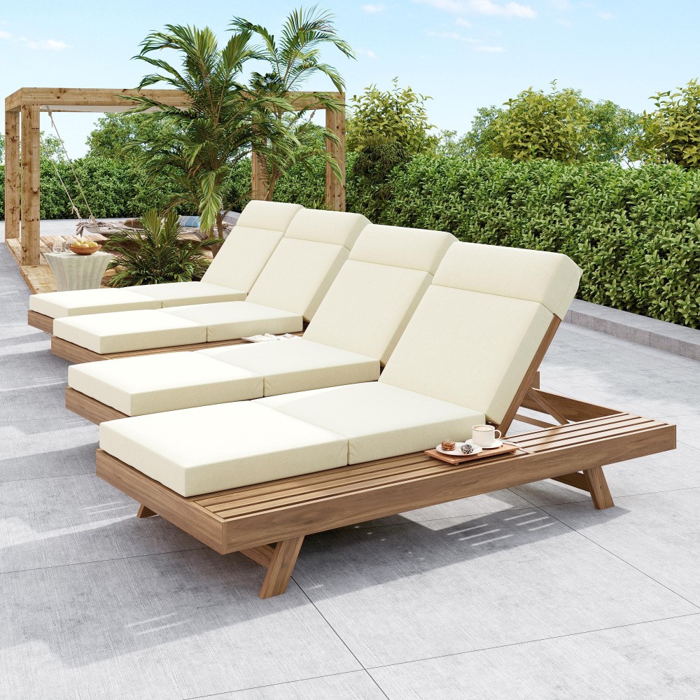Outdoor Chaise Lounge Adjustable Headrest Water-Resistant Cushion Acacia Wood