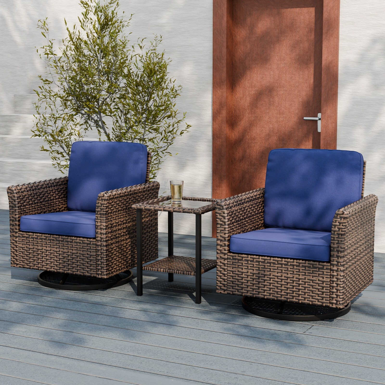 EAGLE PEAK Ocean Vista 3 Piece Outdoor Wicker Bistro Set Swivel Rocking Chairs