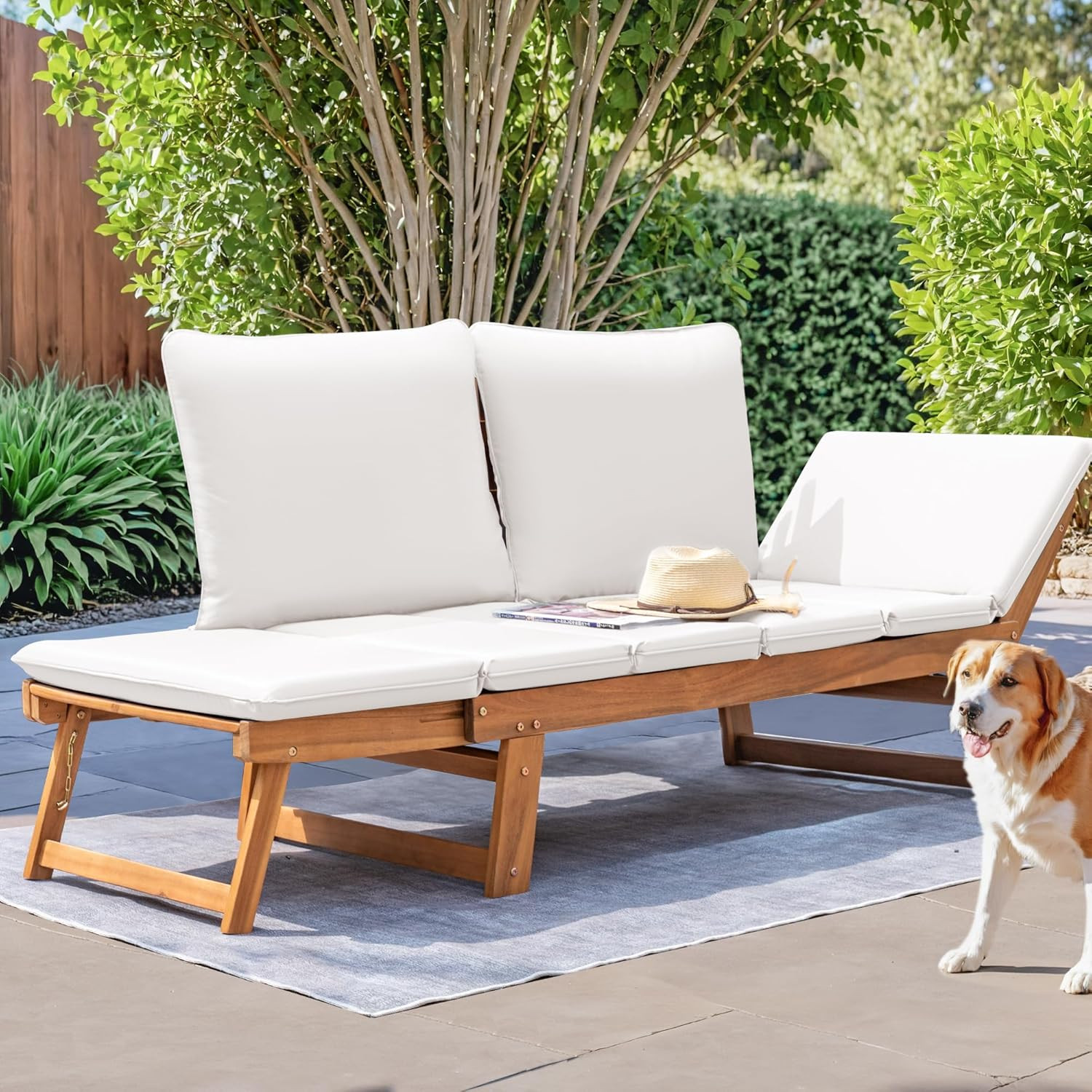 Outdoor Couch Acacia Wood Patio Couch with Adjustable Armrests, Outdoor Converti
