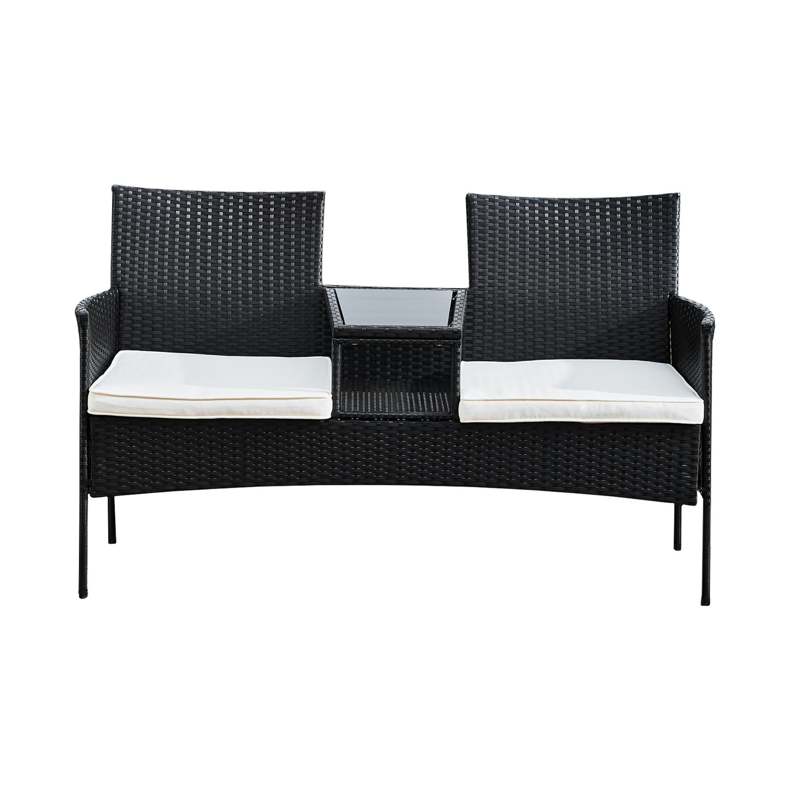Teamson Home Outdoor Wicker Loveseat Bench with Table and Cushions, Black