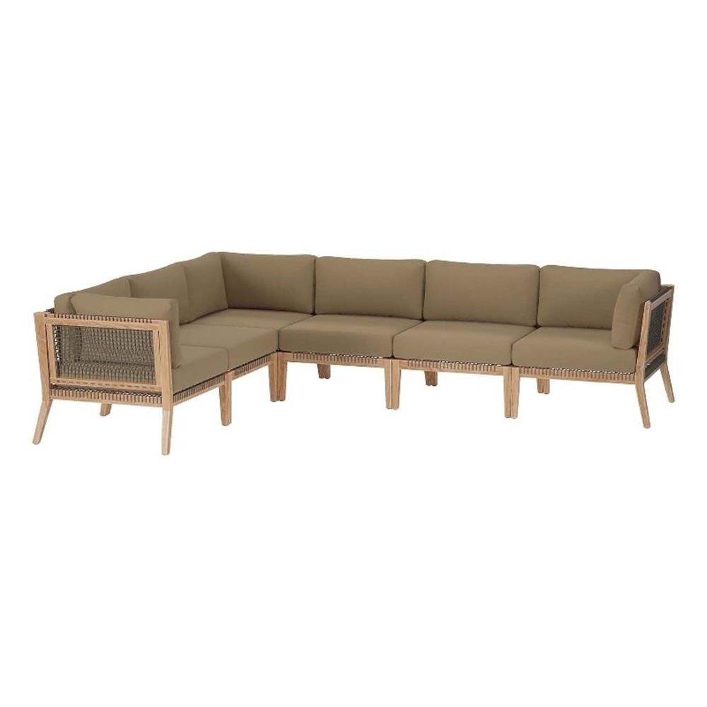 Modway Clearwater 6-Piece Wood Fabric Outdoor Sectional Sofa in Gray/Light Brown