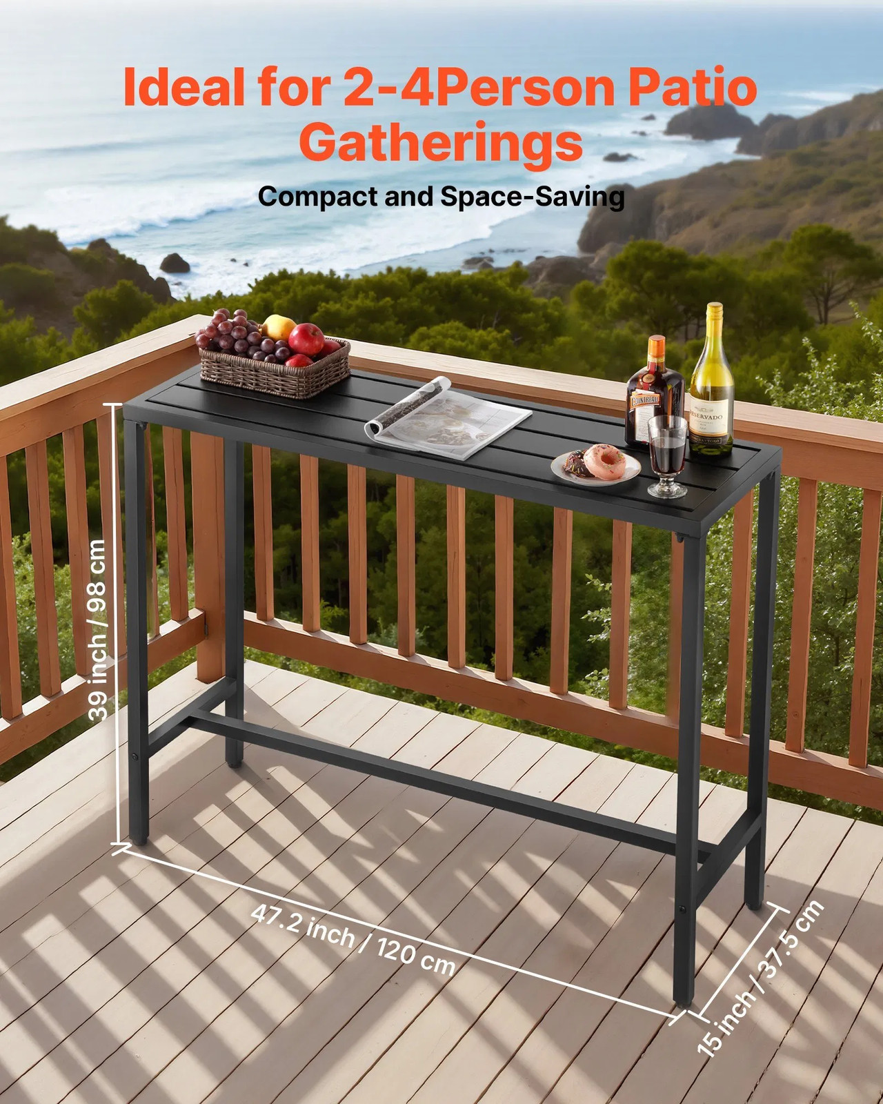 Outdoor Bar Table, 47 x 15 in Patio Bar Table, Waterproof Top & Sturdy Metal Fra