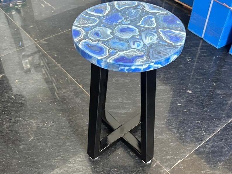 Blue Agate Corner Table Top – Natural Stone Luxury Side Table, Handmade Gemstone