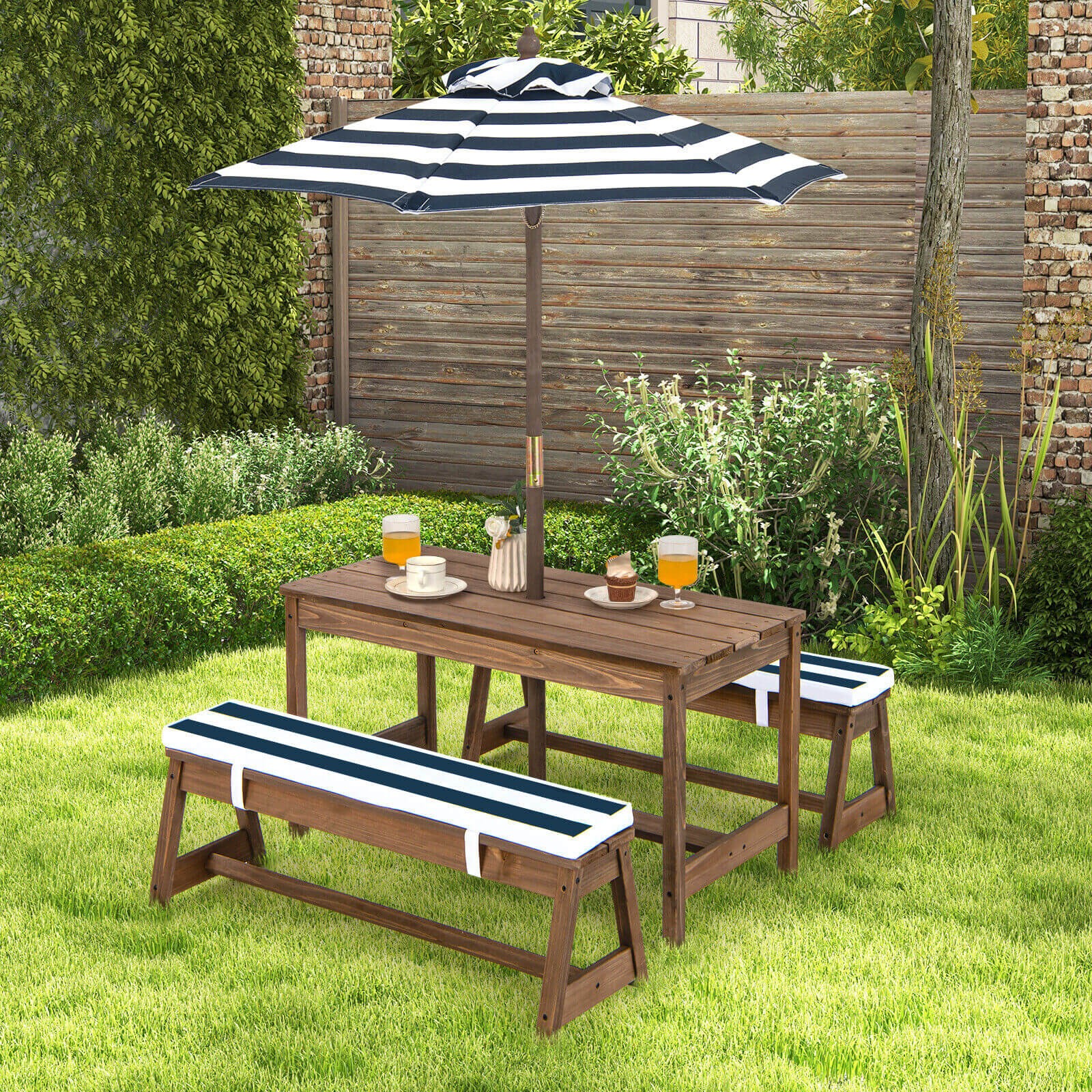 Kids Picnic Table Bench Set w/ Cushions Height Adjust Umbrella Blue