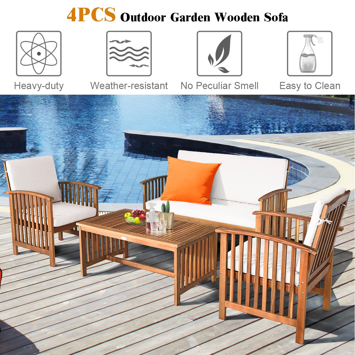 Patio 4PCS Solid Wood Furniture Set Conversation Chairs Table W/White Cushion