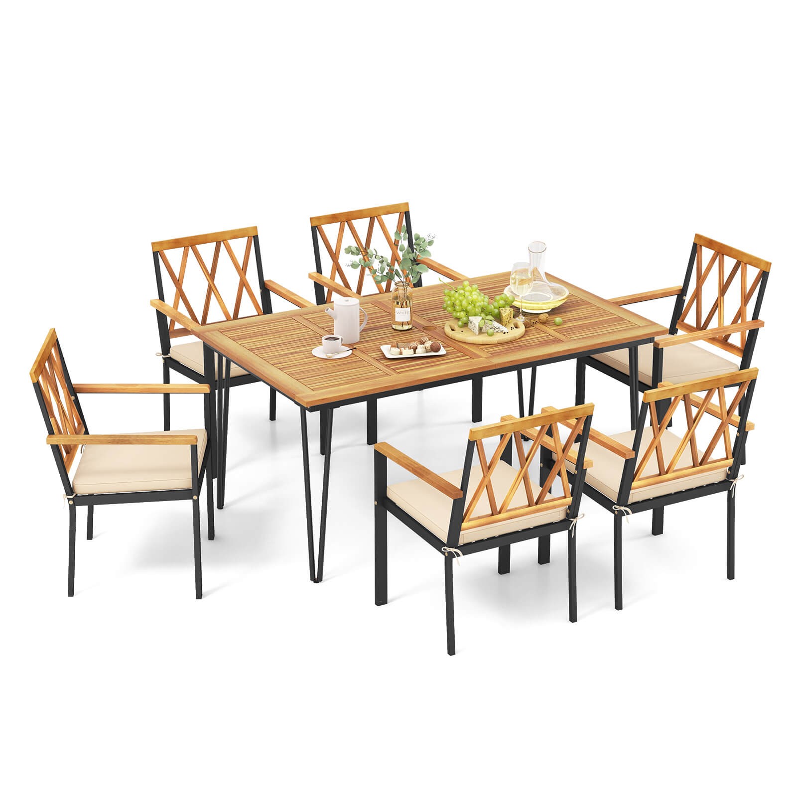 7 PCS Patio Dining Set with 2″ Umbrella Hole and Seat Cushions for Garden