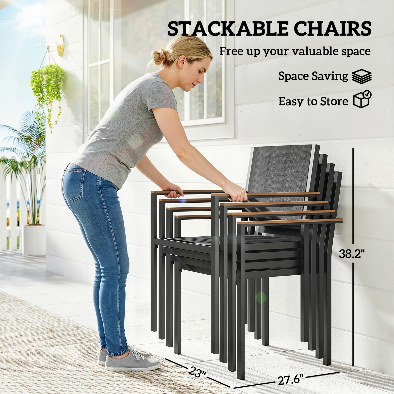 Outdoor Dining Set for 4, Acacia Wood Table and Stackable Chairs