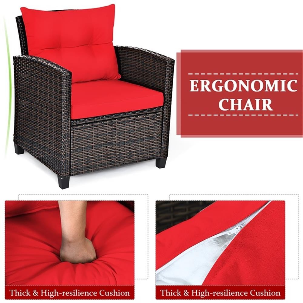 Pemberly Row 3PCS Patio Rattan Furniture Set Cushioned Conversation Set Sofa Red