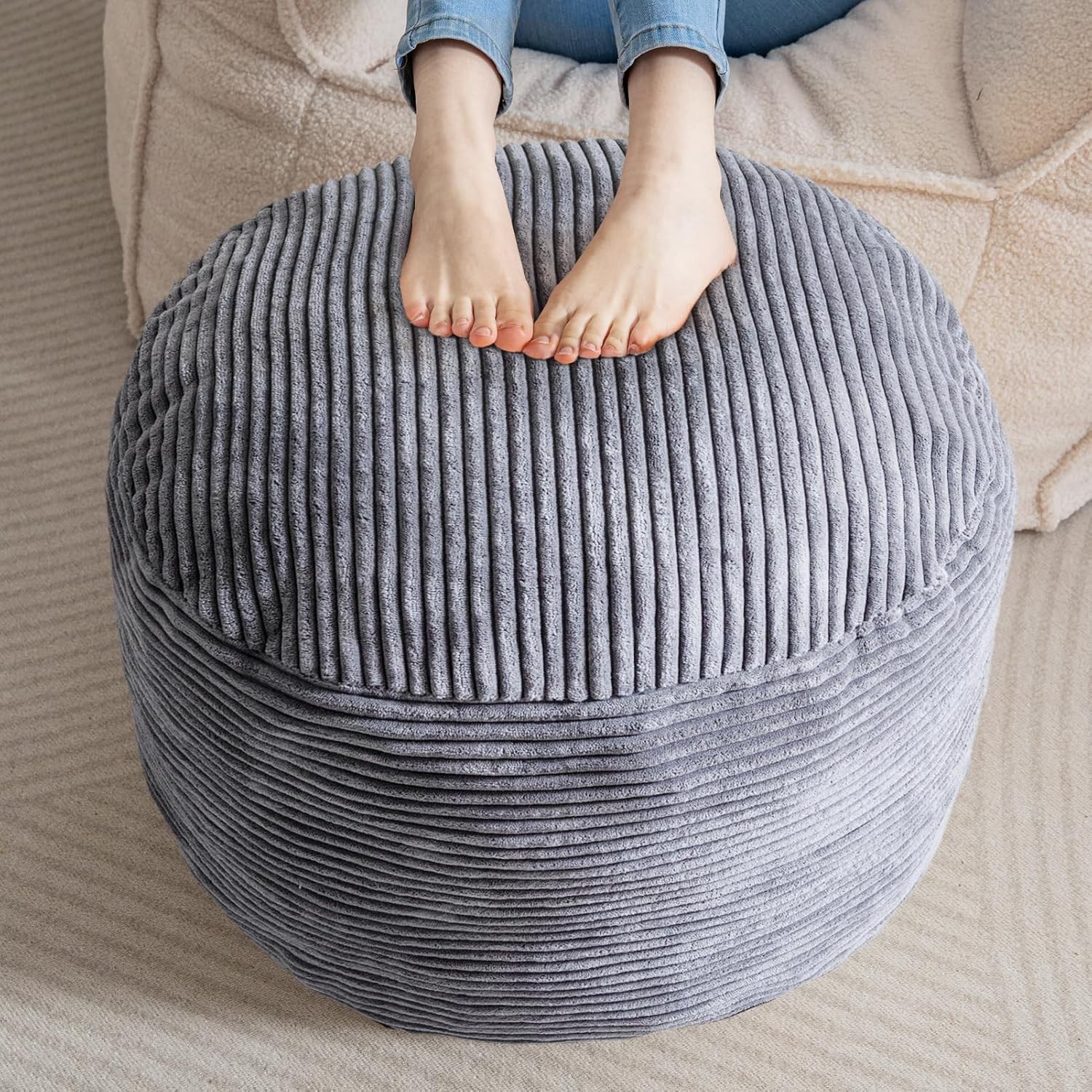 HIGOGOGO Round Stuffed Pouf Ottoman, Corduroy Poufs with 20 inch, Dark Grey