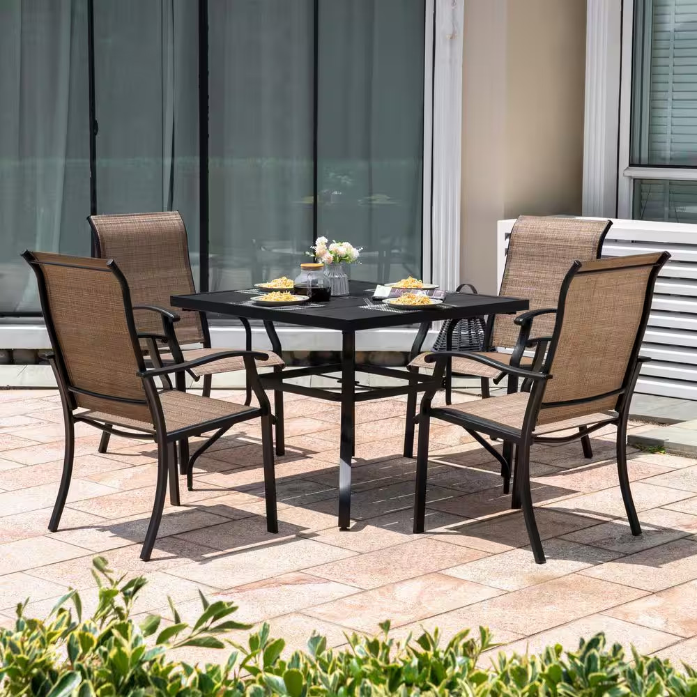 5-Piece Outdoor Patio Dining Set Rust-Free Metal 4 Textilene Chairs Square Table