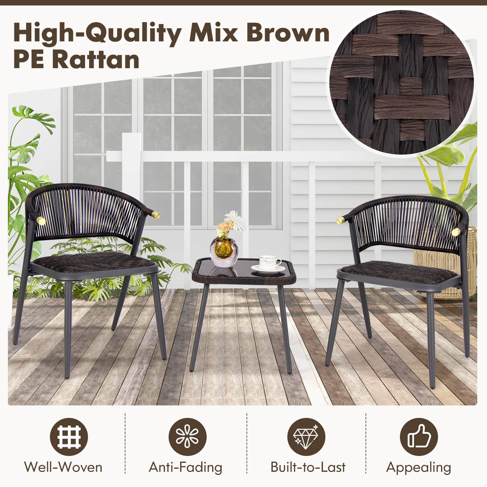 3 PCS Patio Rattan Furniture Set w/ Tempered Glass Tabletop Wicker Seat