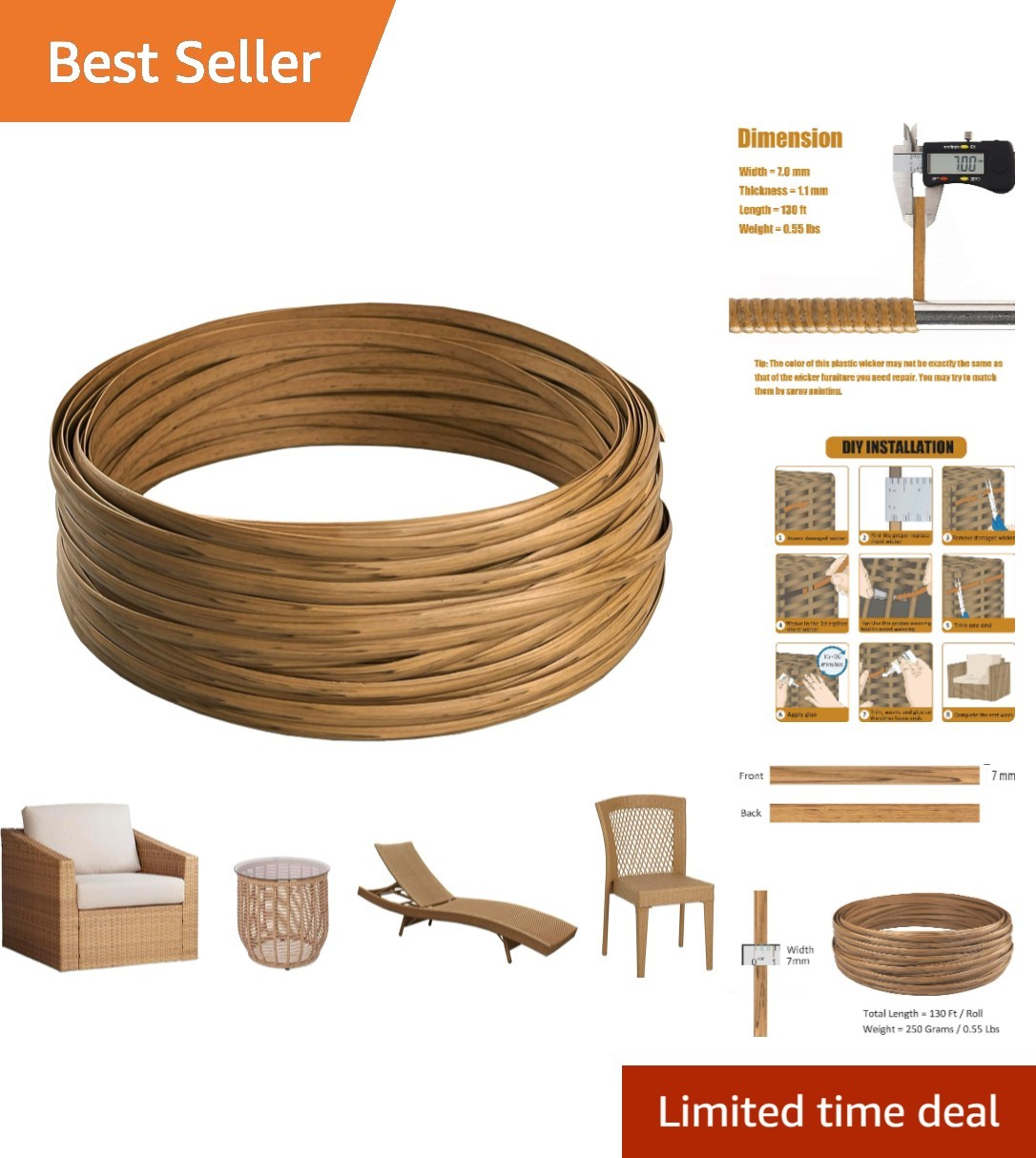 130 Ft Wicker Repair Kit – Synthetic Rattan Supplies for Patio Furniture Fixes
