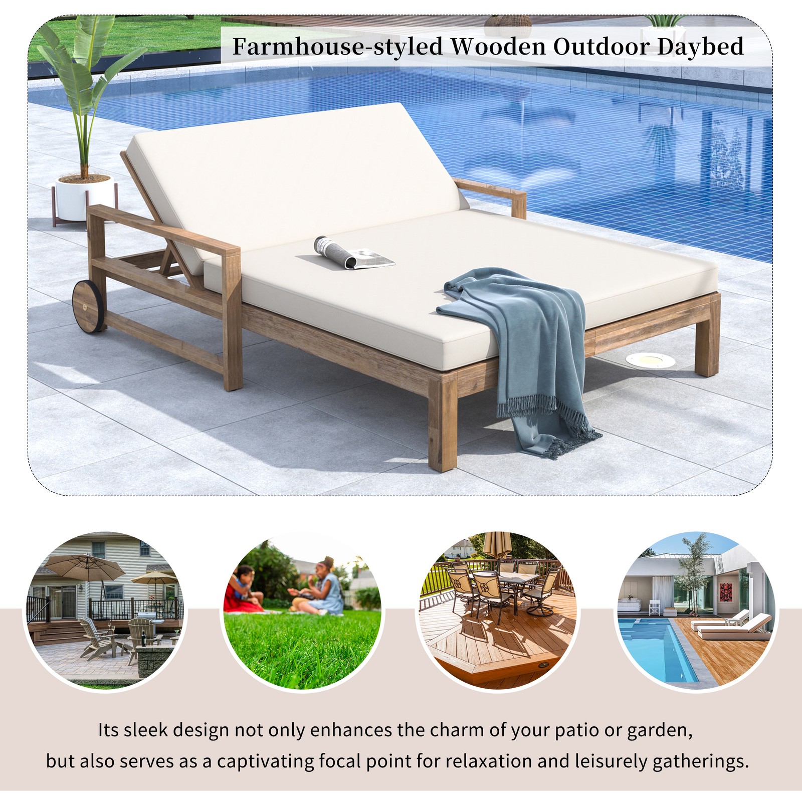 Farmhouse-Style Wooden Outdoor Sunbed Daybed Seats 2 People, Beige