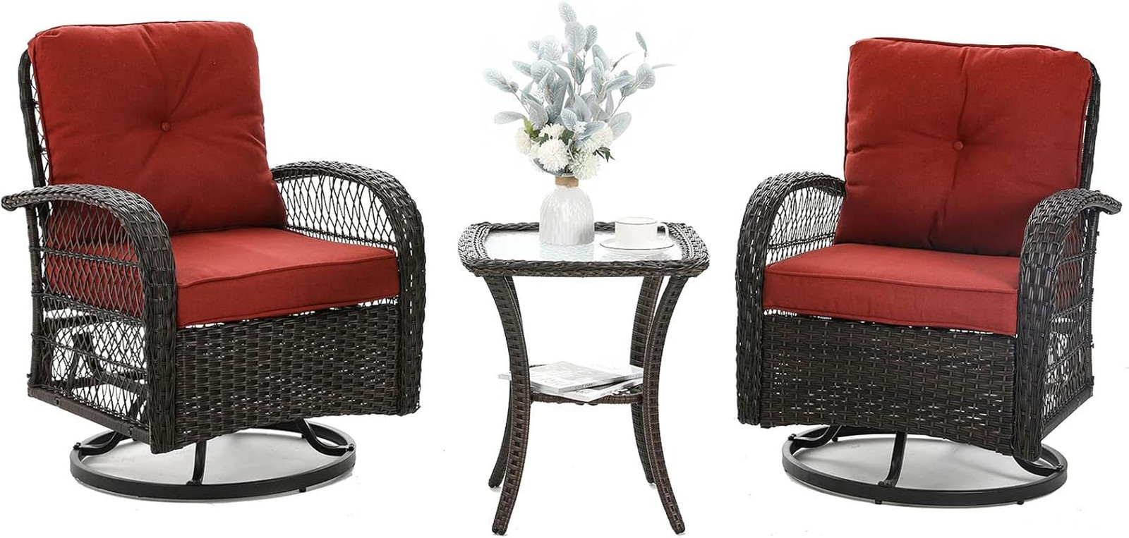 3 Pieces Patio Furniture Set, Outdoor Swivel Glider Rocker, Wicker Patio Bistro