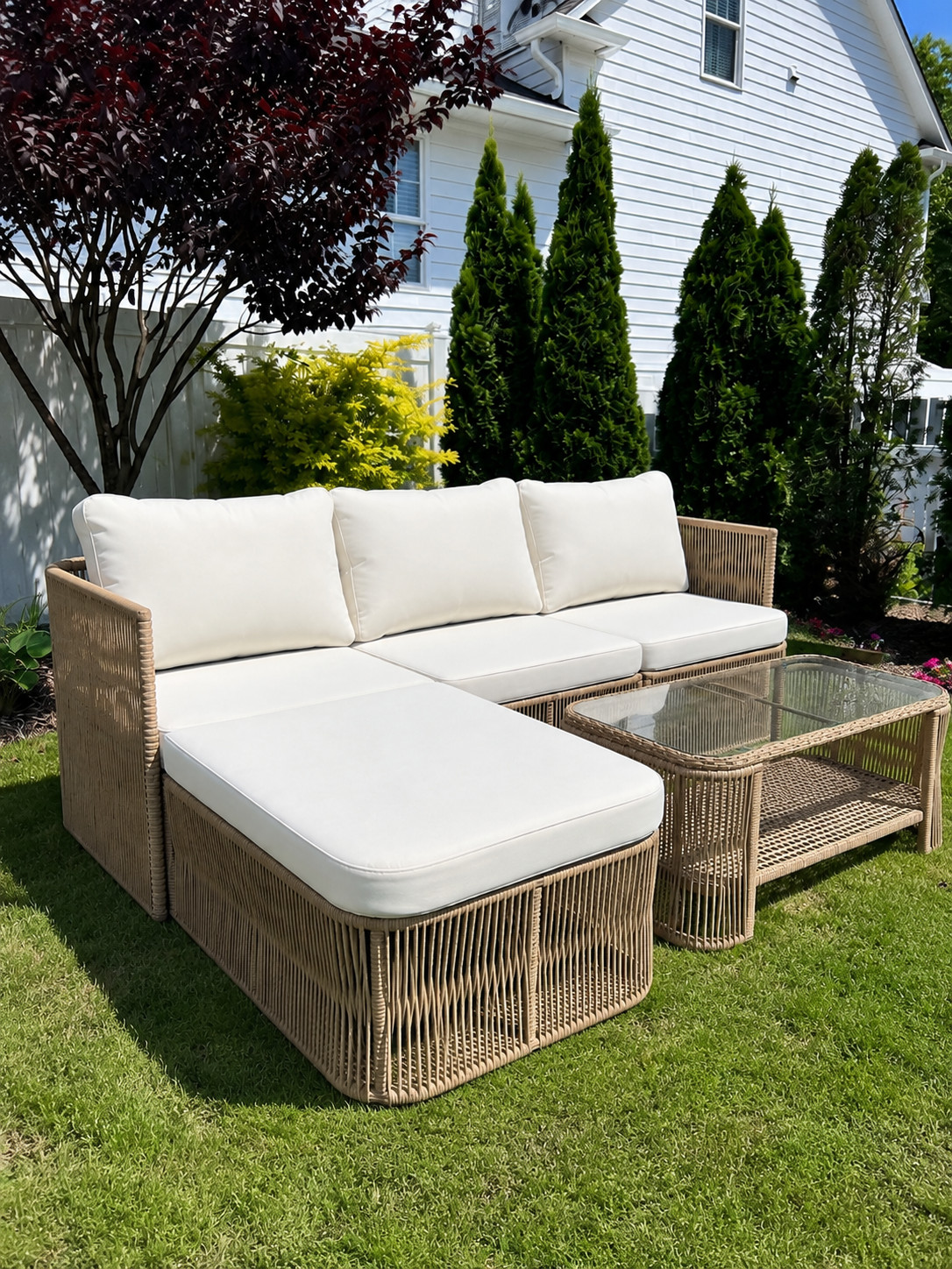 Modern Outdoor PE Rattan Patio Sectional Sofa Set w/ Cushions & Coffee Table