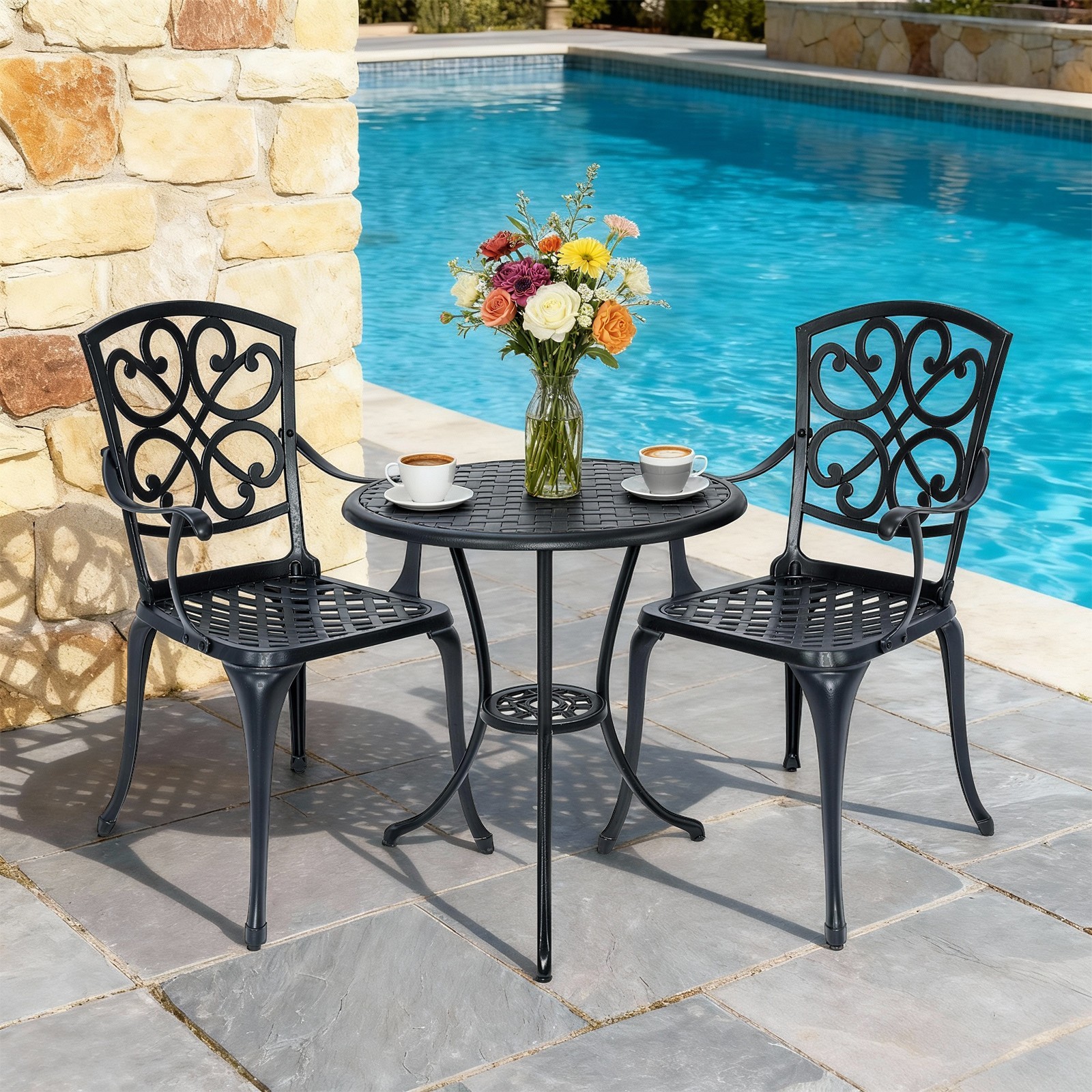3 Piece Cast Aluminum Bistro Patio Set with Umbrella Hole for Yard,Garden,Black