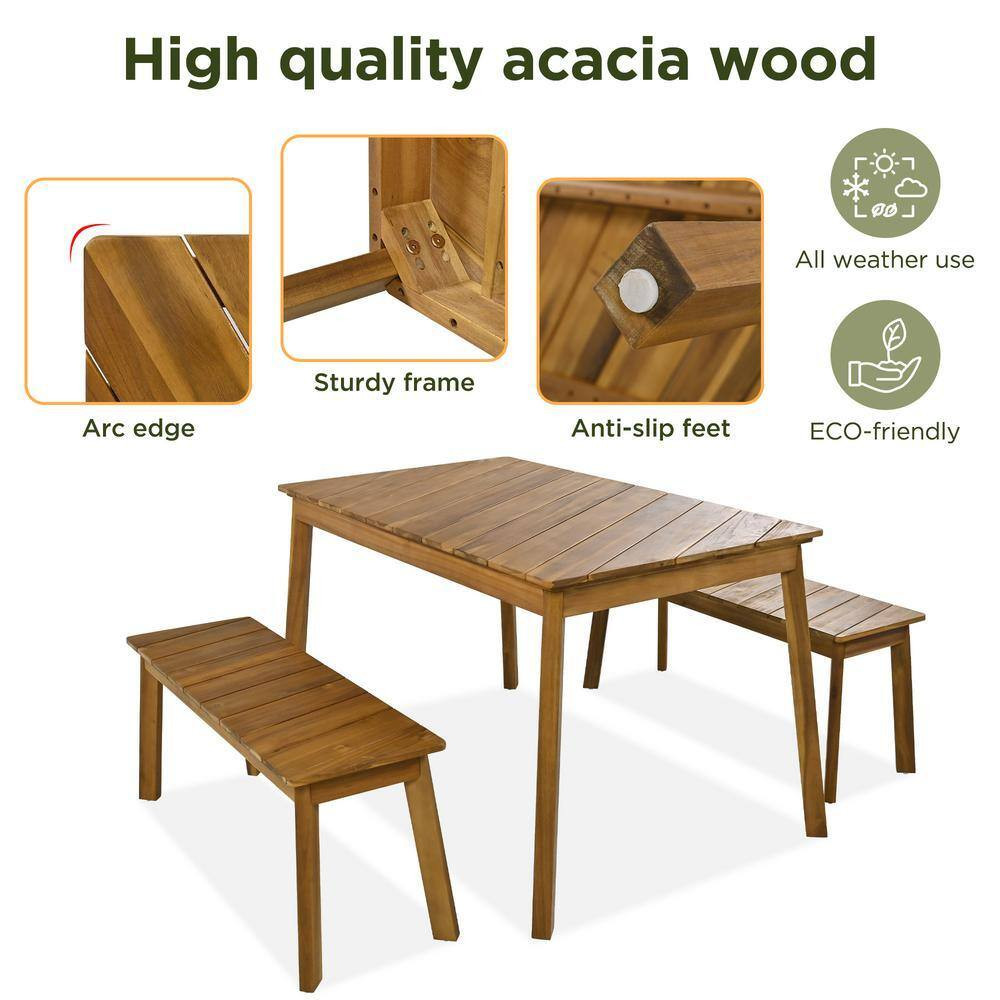 3-Piece Outdoor Patio 50 In. Light Brown Rectangle Wood Vintage Bench Picnic Bee