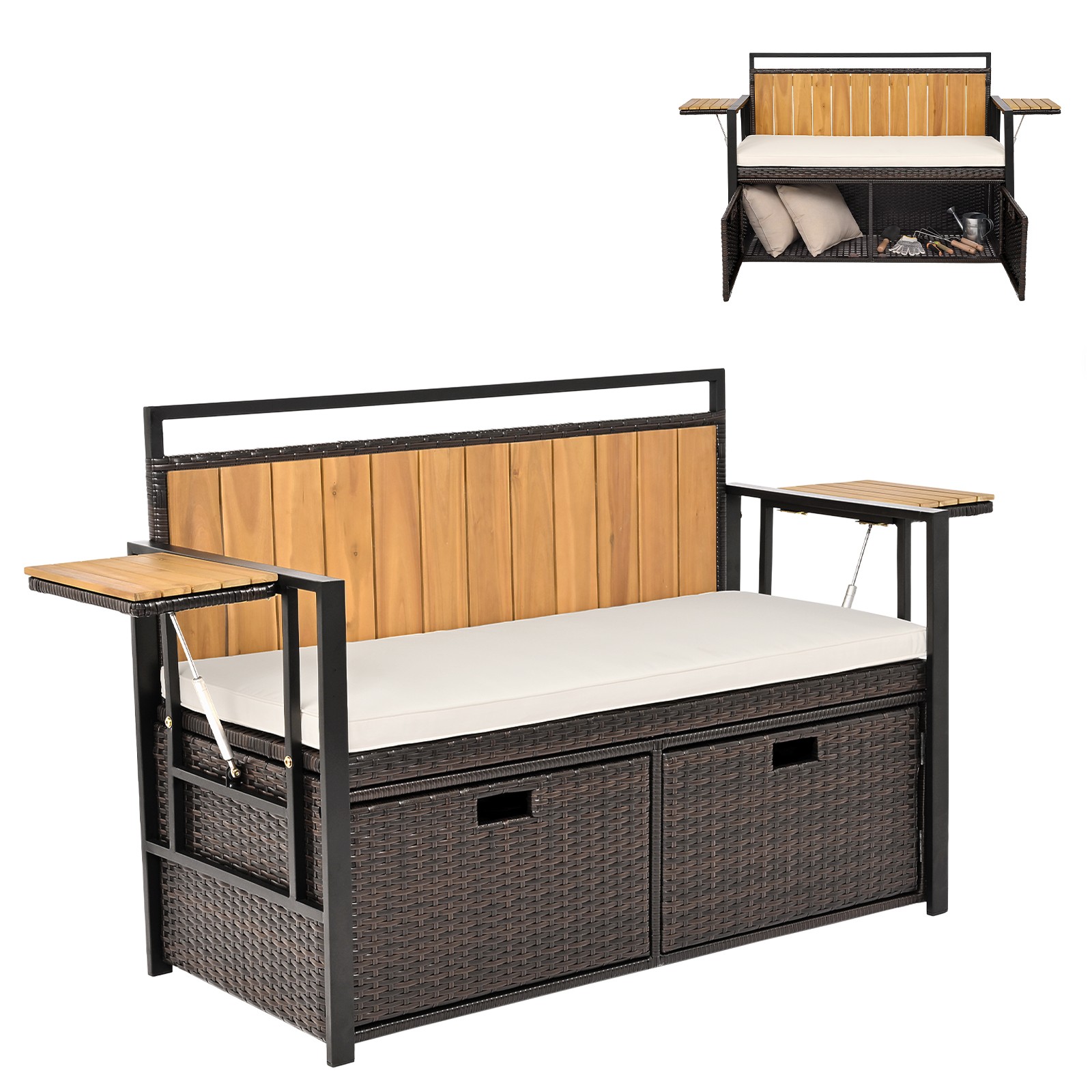 Patio Storage Bench w/2Folding Side Tables2-Seater Rattan Bench Seat w/Cushion