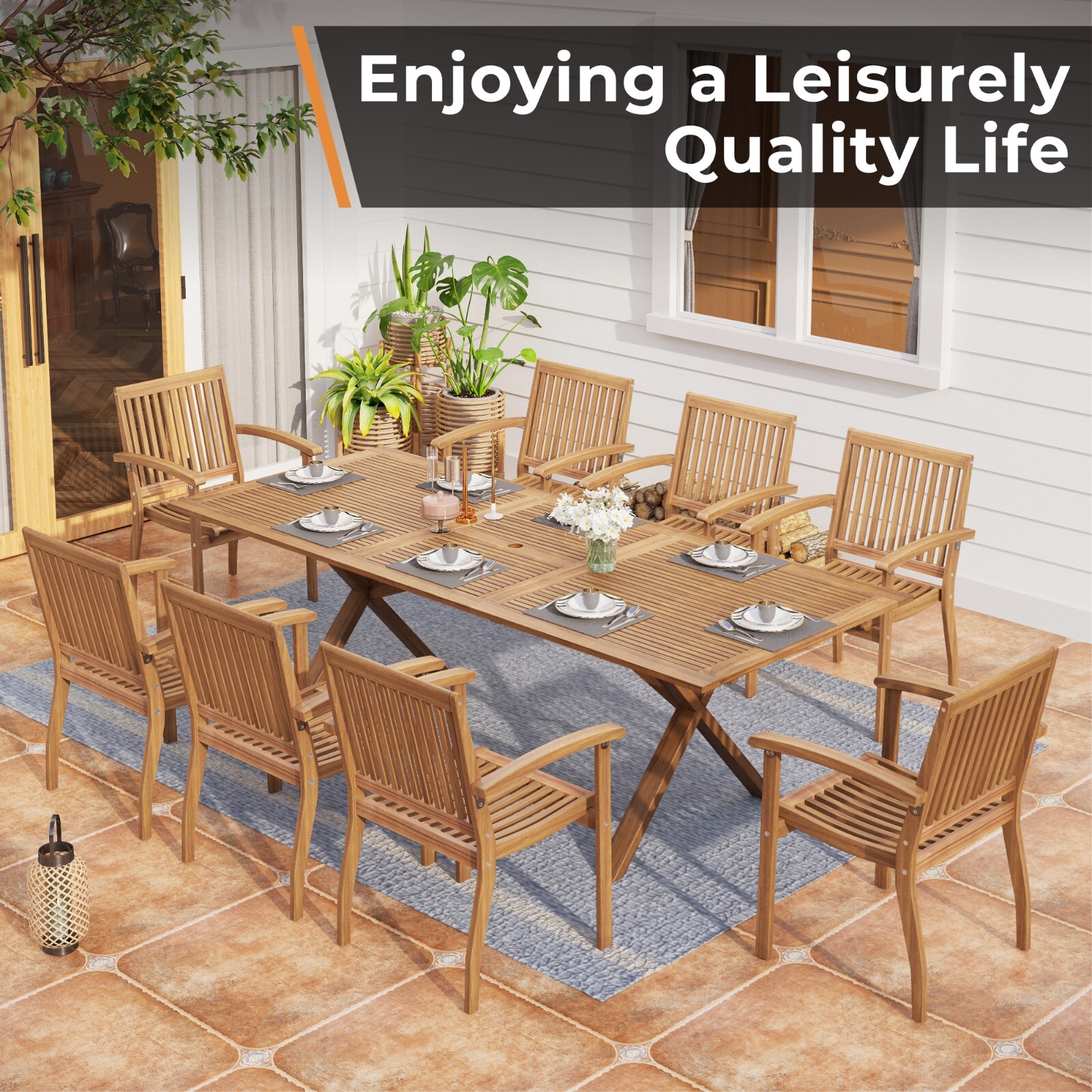 9Piece Patio Furnitre Set Acacia Wood Outdoor Dining Table Chairs Set Expandable