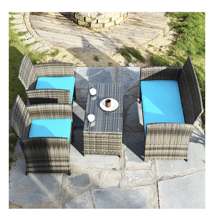 4PCS Patio Rattan Conversation Glass Table Top Cushioned Sofa Torquoise Stylish