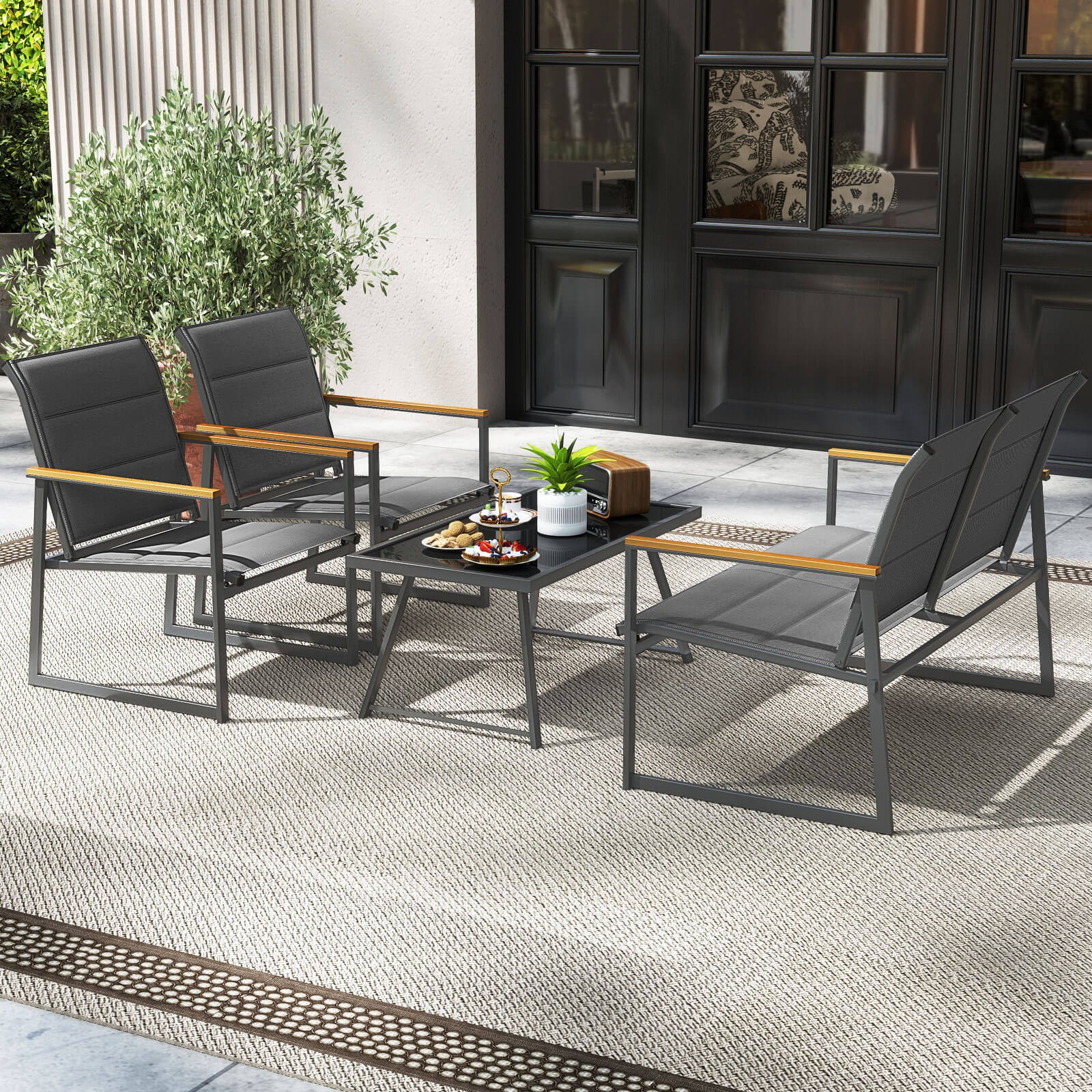 8 PCS Patio Furniture Set w/ Padded Fabric Seat & Wood-Plastic Armrests Table
