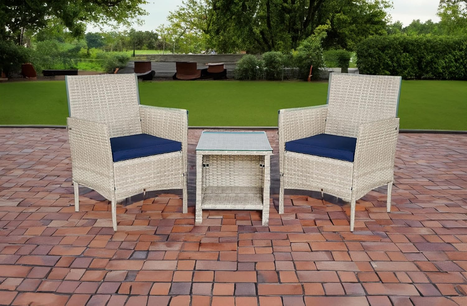 3-Piece Outdoor Wicker Bistro Set with Cushions & Storage – Gray/Navy Blue
