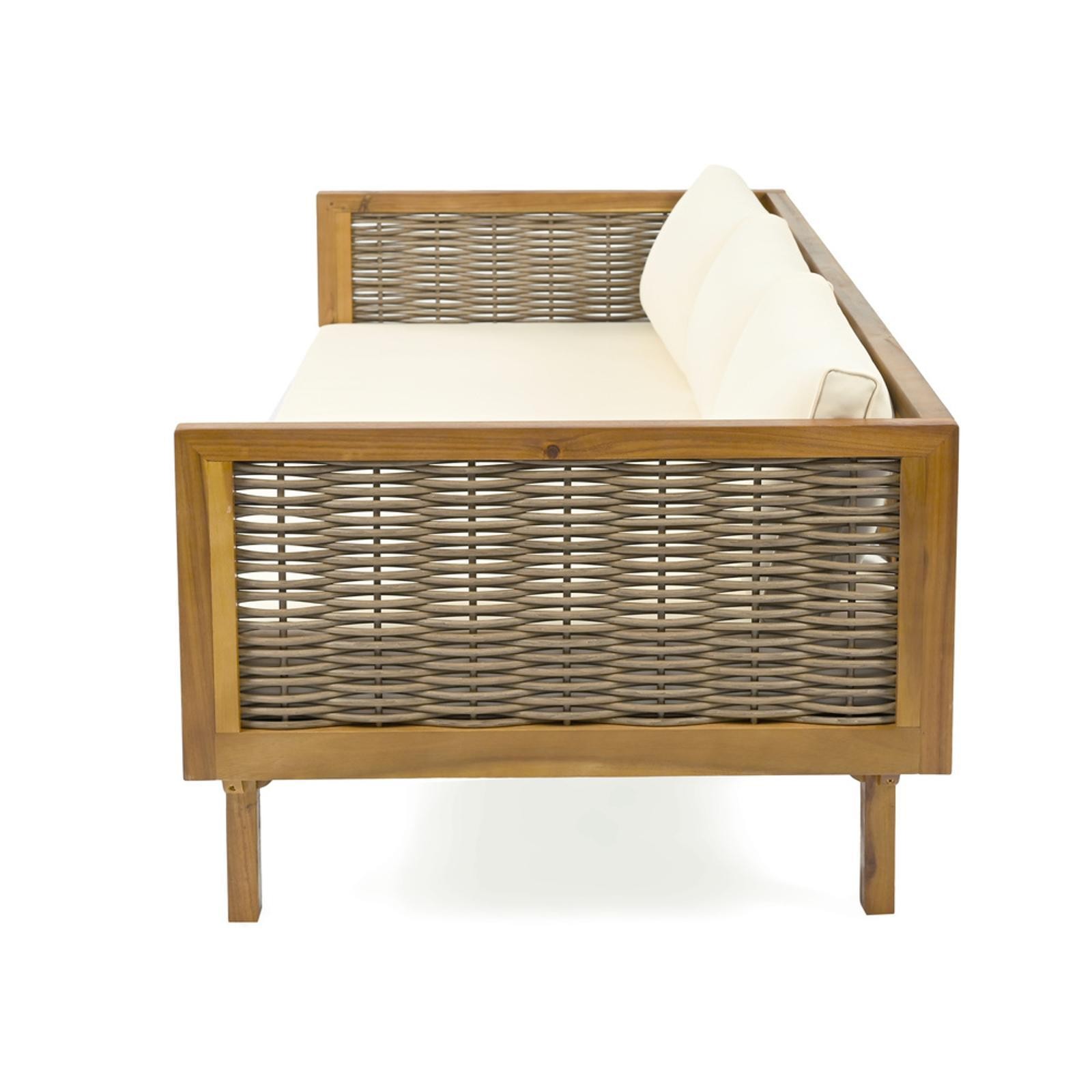 3-Seater Daybed with Acacia Wood Frame, Rattan Arms & Beige