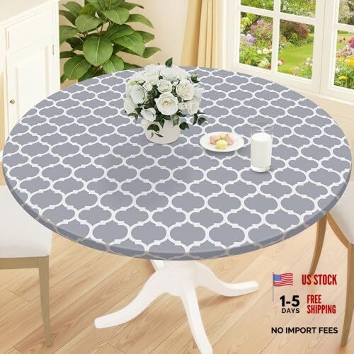 Round Picnic Tablecloth, Waterproof For Up To 45″-56″ Round Grey & White