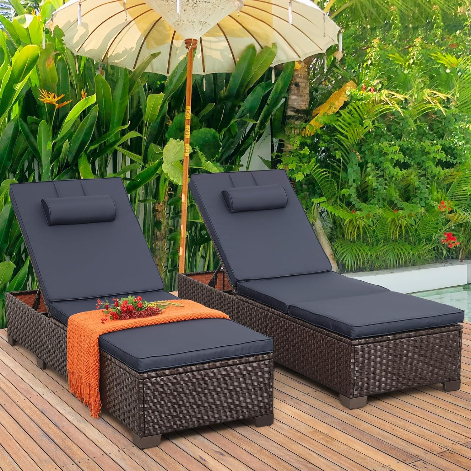 Rattan Star Outdoor Chaise Lounge Set of 2 Brown Wicker Patio Chaise Lounge Chai