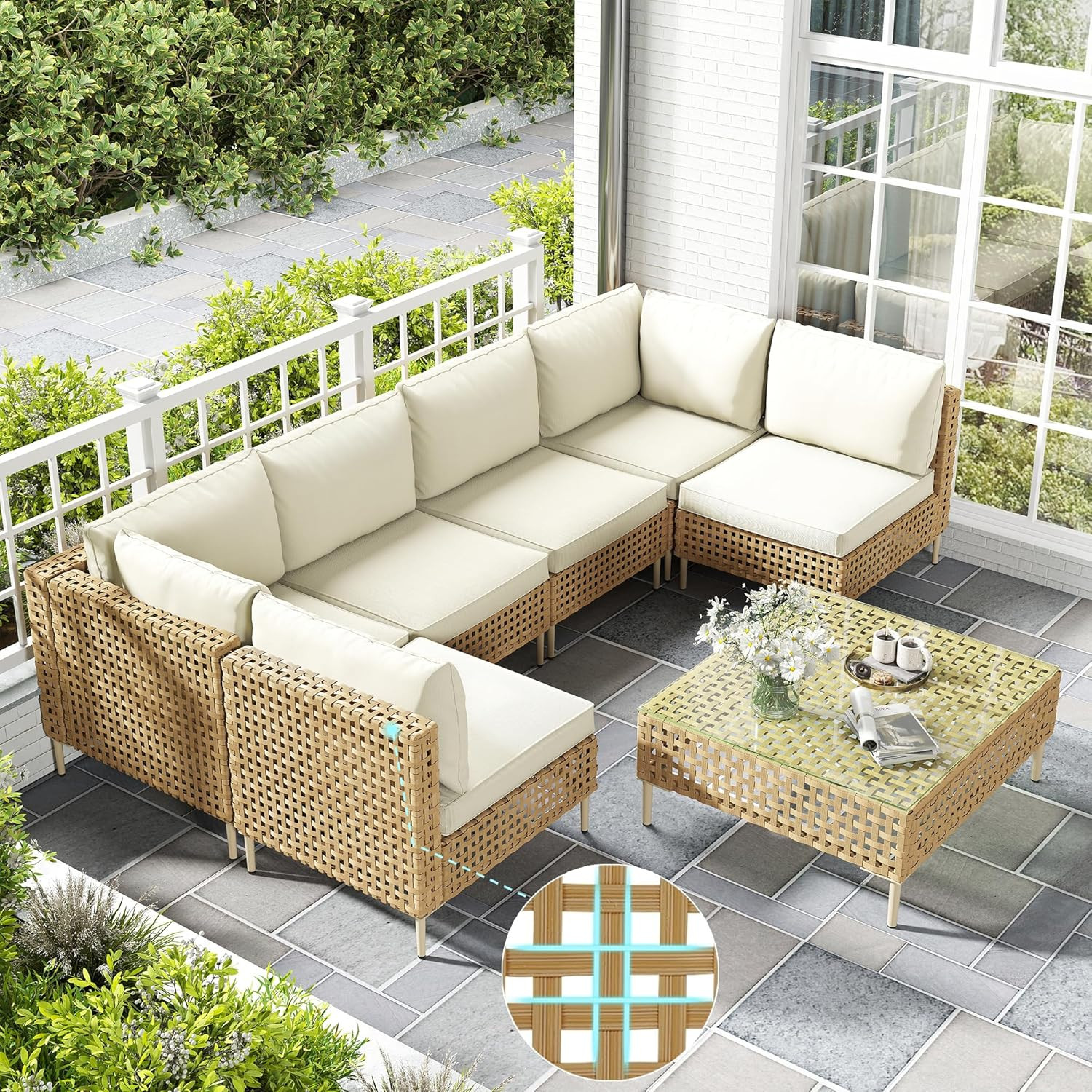 Patio Furniture Set, Large 7 Piece Wicker Outdoor Sectional Furniture Set with C